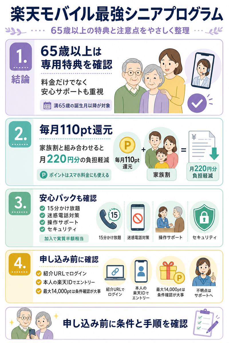 楽天モバイル最強シニアプログラムについて、65歳以上の特典、毎月110ポイント還元、安心パック、申し込み前のエントリー条件を4パネルで整理した図解。