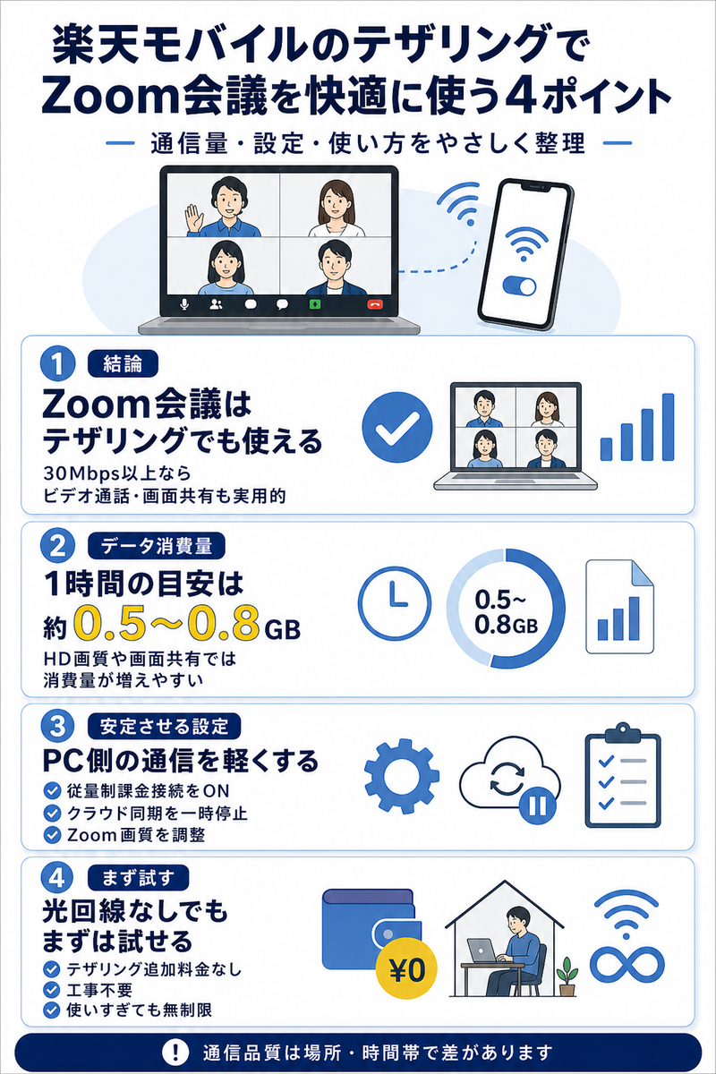 楽天モバイルのテザリングでZoom会議を使う際のポイントを、通信速度、1時間あたりのデータ消費量、PCやZoom側の設定、光回線なしで試す方法に分けて整理した本文用インフォグラフィック。