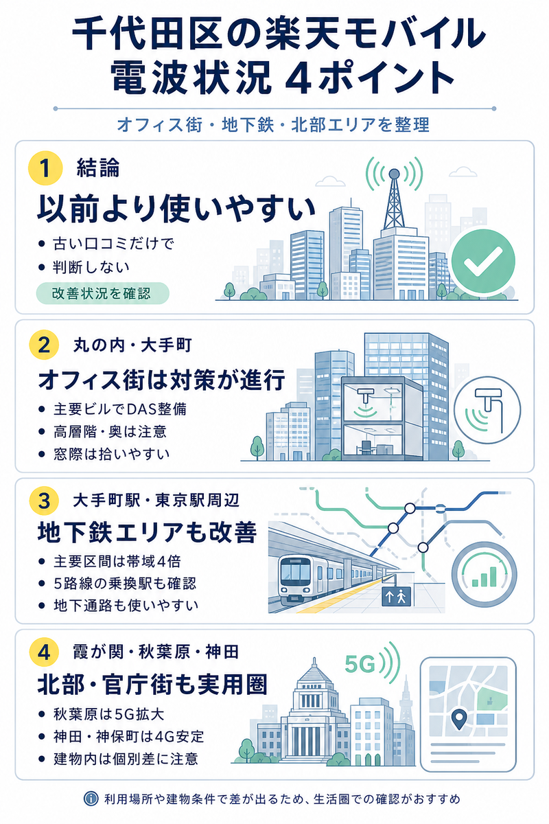千代田区で楽天モバイルを使う際の電波状況を、丸の内・大手町のオフィス街、大手町駅・東京駅周辺の地下鉄、霞が関・永田町、秋葉原・神田・神保町に分けて整理した本文用インフォグラフィック。