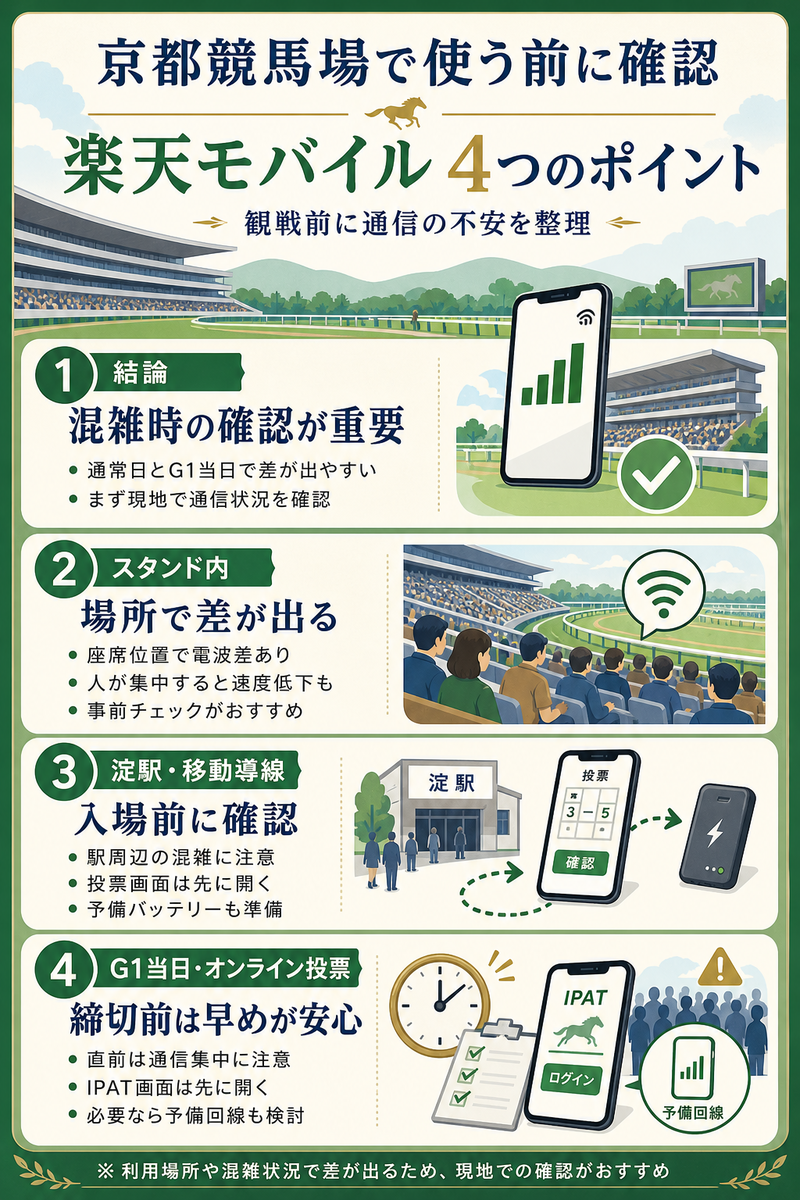 京都競馬場で楽天モバイルを使う際の注意点を、スタンド内、淀駅からの移動導線、G1当日の混雑、オンライン馬券購入の4場面に分けて整理した本文用インフォグラフィック。