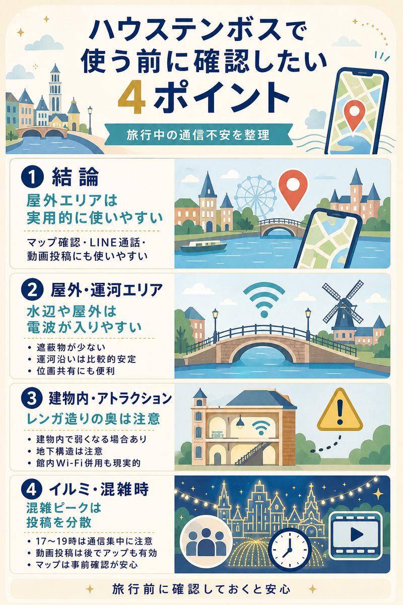 ハウステンボスで楽天モバイルを使う際の注意点を、屋外エリア、運河周辺、レンガ造り建築の奥、イルミネーション混雑時に分けて整理した本文用インフォグラフィック。旅行中のマップ確認、LINE通話、動画投稿の使い方も示している。