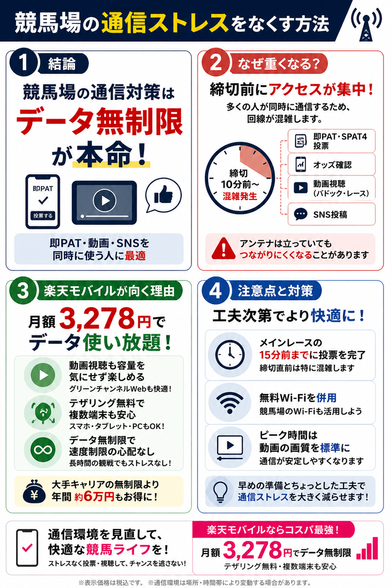 競馬場で即PATや動画視聴が重くなる原因として、締切前のアクセス集中やデータ消費量を整理し、楽天モバイルのデータ無制限プランが向く理由と注意点を4パネルで解説した本文用インフォグラフィック。