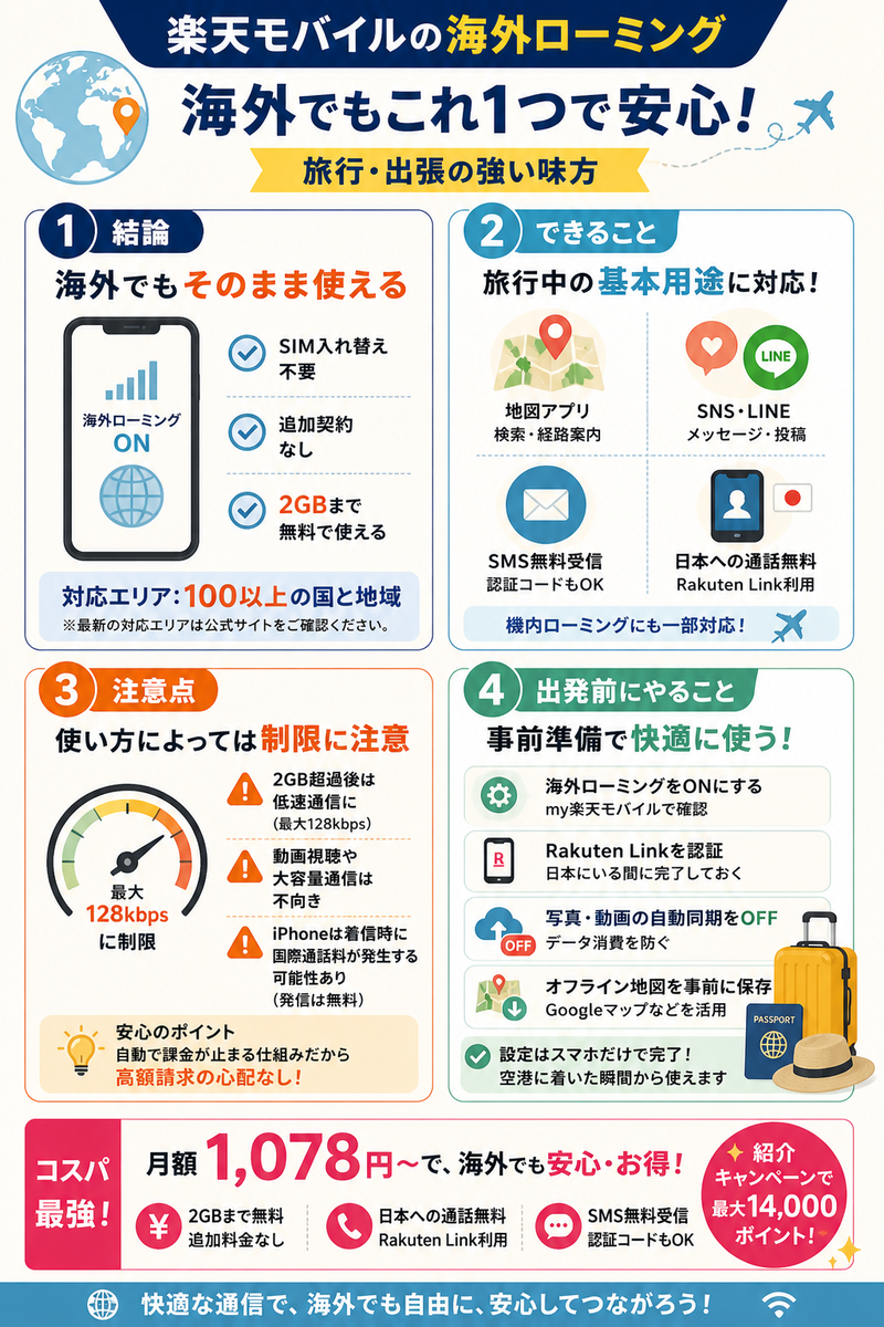 楽天モバイルの海外ローミングについて、2GBまで無料で使える点、地図やSNS、SMS受信、日本への通話に対応する点、2GB超過後の低速化や出発前設定の注意点を4パネルで整理した本文用インフォグラフィック。