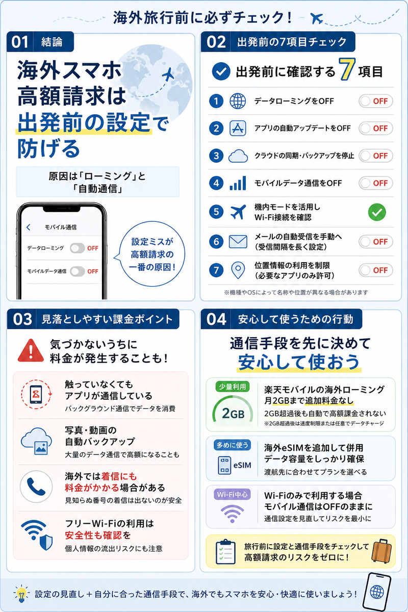 海外旅行前に確認すべきスマホ設定を4パネルで整理したインフォグラフィック。ローミングOFF、自動通信停止、通話料金の注意点、楽天モバイル2GBや海外eSIM活用までを初心者向けにまとめている。