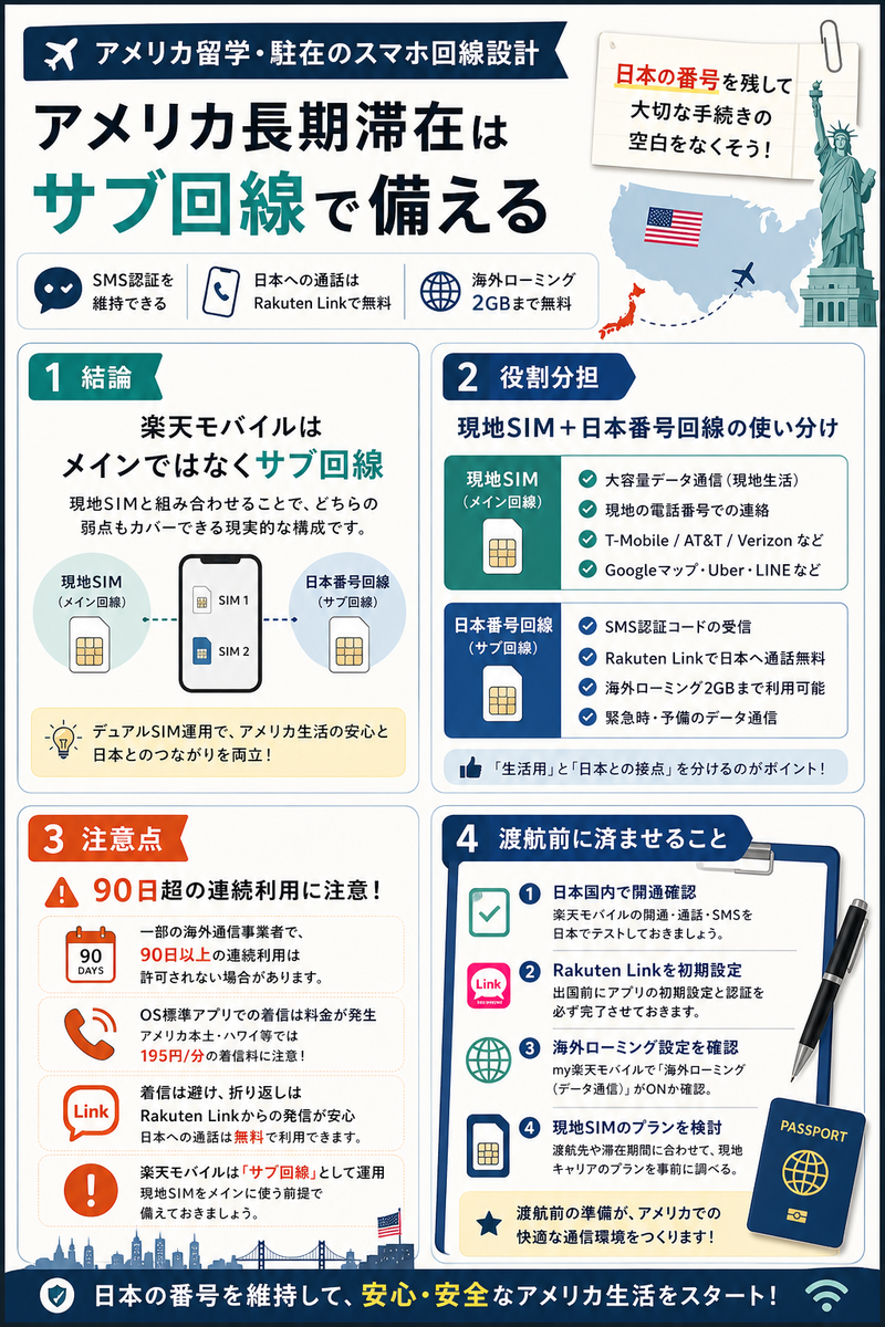 アメリカ留学・駐在向けに、現地SIMと日本番号回線の使い分けを整理したインフォグラフィック。SMS認証、日本への通話、海外2GB、90日以上の連続利用への注意、渡航前設定を4パネルで解説している。