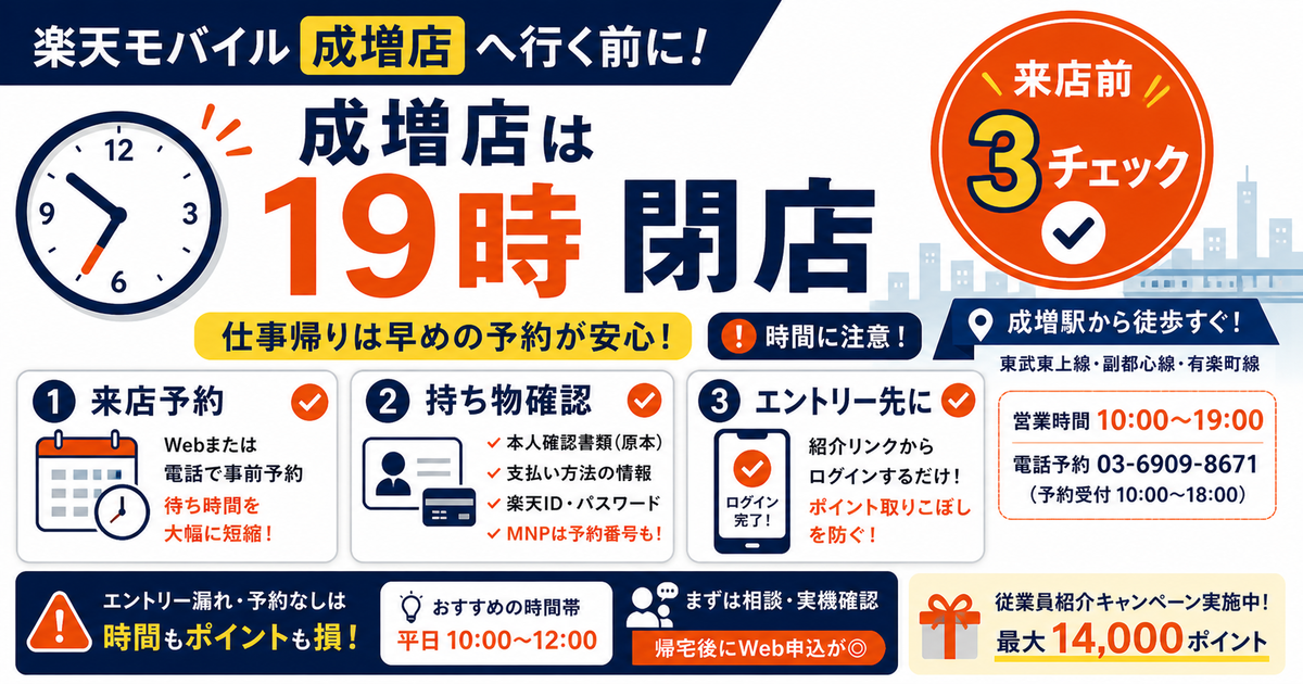 楽天モバイル成増店に行く前の準備を示すOGP画像。19時閉店の店舗情報に加え、来店予約、本人確認書類などの持ち物、キャンペーンエントリーを事前に確認する重要性を伝えている。