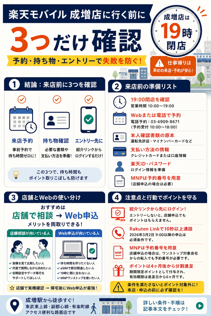 楽天モバイル成増店に行く前の準備を4パネルで整理した本文用インフォグラフィック。19時閉店、来店予約、本人確認書類、楽天ID、キャンペーン事前エントリー、店舗相談とWeb申込の使い分けを解説している。