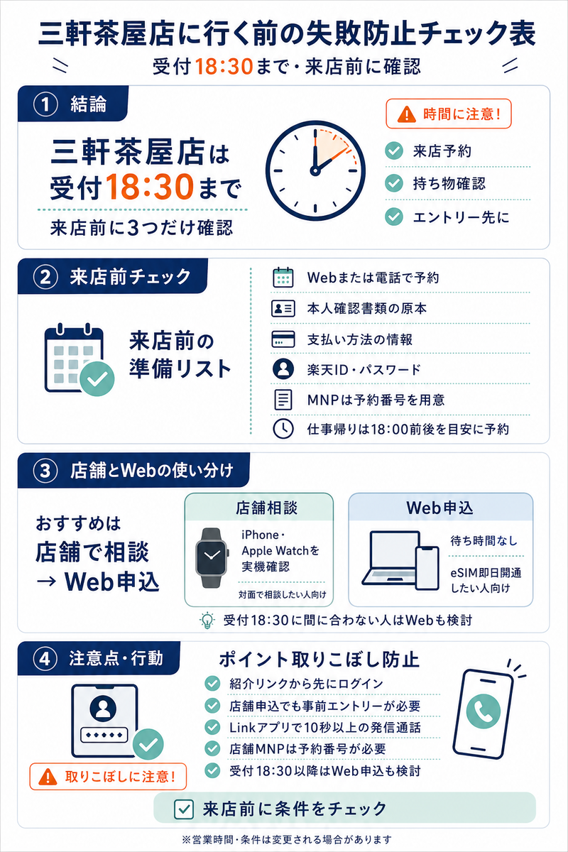 楽天モバイル三軒茶屋店に行く前の準備を4パネルで整理した本文用インフォグラフィック。受付18時30分まで、来店予約、本人確認書類、楽天ID、キャンペーン事前エントリー、Apple Watch相談、店舗とWeb申込の使い分けを解説している。