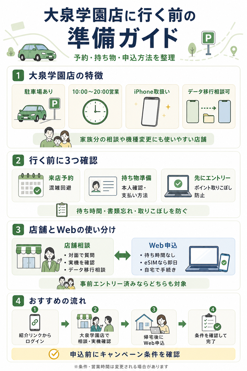 楽天モバイル大泉学園店に行く前に確認したい来店予約、持ち物、キャンペーンエントリー、駐車場ありの店舗特徴、店舗相談とWeb申込の使い分け、おすすめ申込手順を整理した縦長インフォグラフィック。