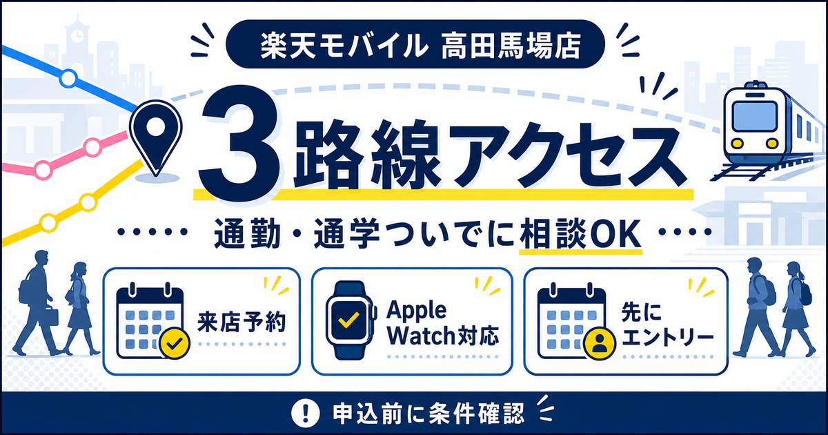 楽天モバイル高田馬場店がJR山手線・西武新宿線・東京メトロ東西線の3路線からアクセスしやすく、通勤通学ついでに相談できること、来店前エントリーの重要性を伝える横長OGP画像。