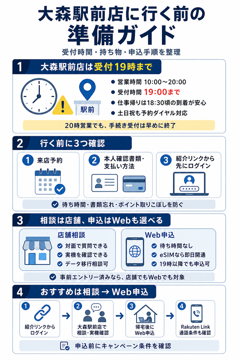 楽天モバイル大森駅前店に行く前に確認したい受付19時までの注意点、来店予約、持ち物、キャンペーンエントリー、店舗相談とWeb申込の使い分け、おすすめ申込手順を整理した縦長インフォグラフィック。