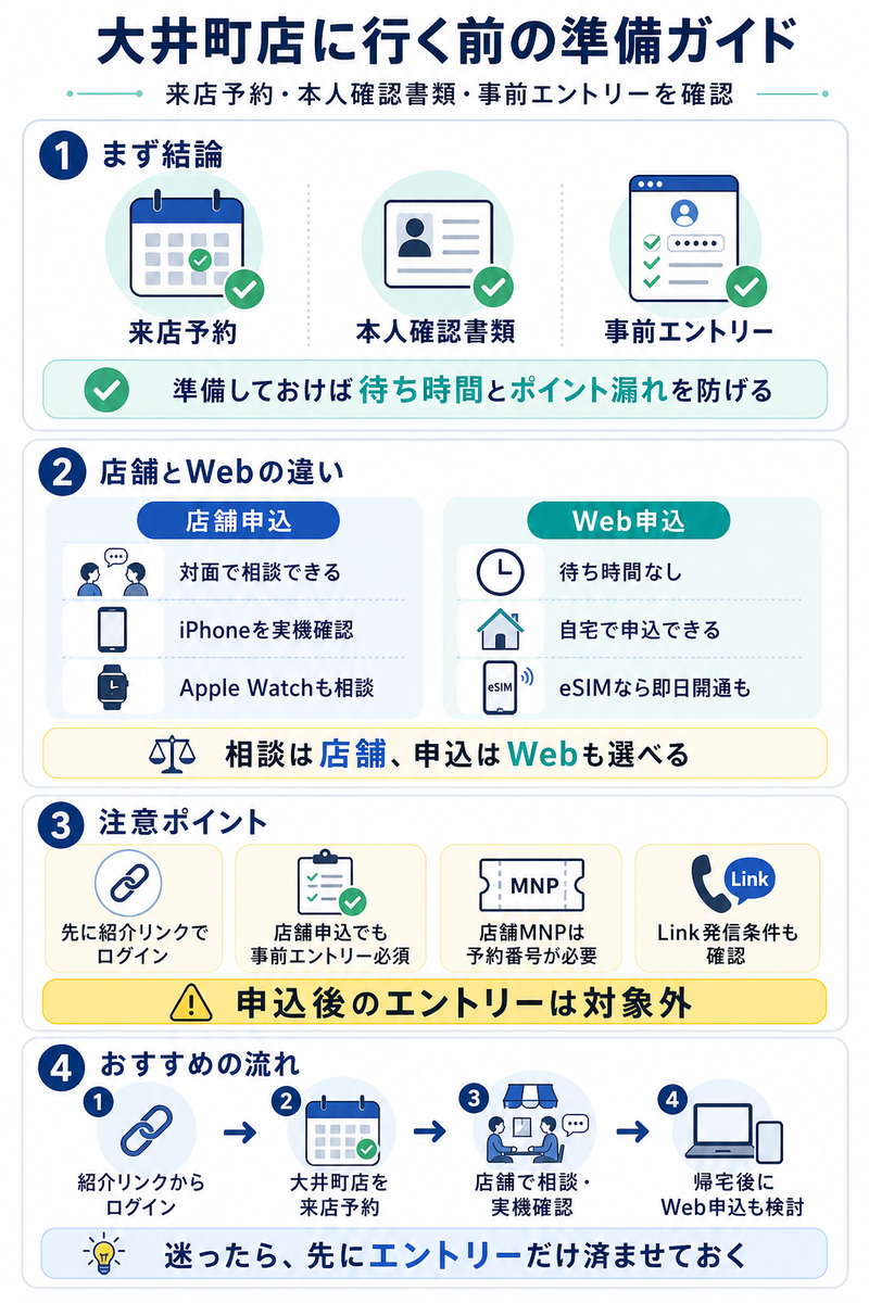 楽天モバイル大井町店に行く前に確認すべき来店予約、本人確認書類、キャンペーンエントリー、店舗申込とWeb申込の違い、ポイントを取りこぼさない申込フローを4パネルで整理した本文用インフォグラフィック。