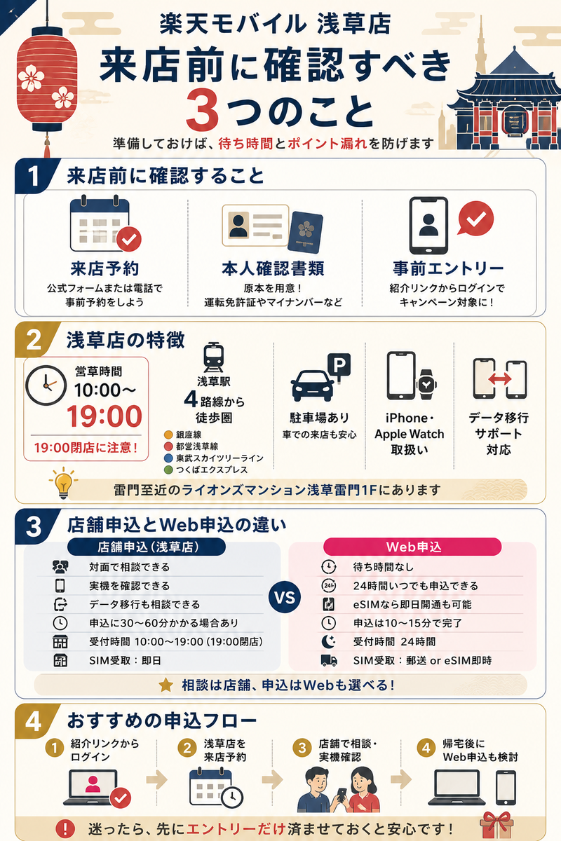 楽天モバイル浅草店に行く前に確認すべき来店予約、本人確認書類、事前エントリー、19:00閉店の注意点、浅草駅4路線アクセス、店舗申込とWeb申込の違いを4パネルで整理した本文用インフォグラフィック。