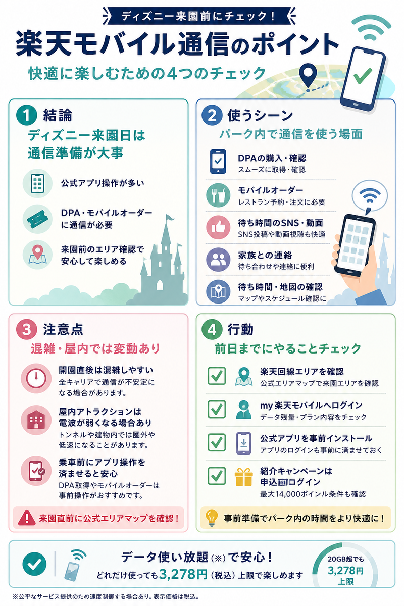 ディズニーランド・シー来園前に、楽天モバイルのエリア確認、DPAやモバイルオーダーなど公式アプリ操作、混雑時や屋内の注意点、申込前ログインを4パネルで整理した本文用インフォグラフィック。