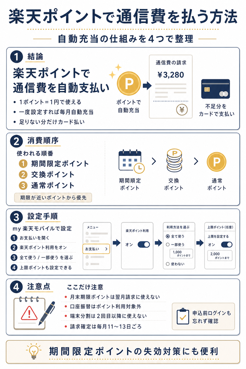 楽天モバイルの料金を楽天ポイントで支払う仕組みを、期間限定ポイントの優先消費、my 楽天モバイルでの設定手順、請求確定日や口座振替などの注意点とあわせて4パネルで整理した本文用インフォグラフィック。