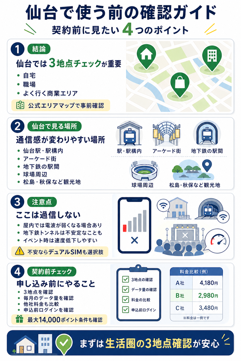 仙台で楽天モバイルを契約する前に、自宅・職場・よく行く商業エリアの3地点確認、仙台駅や地下鉄、アーケード、観光地、イベント時の注意点を4パネルで整理した本文用インフォグラフィック。