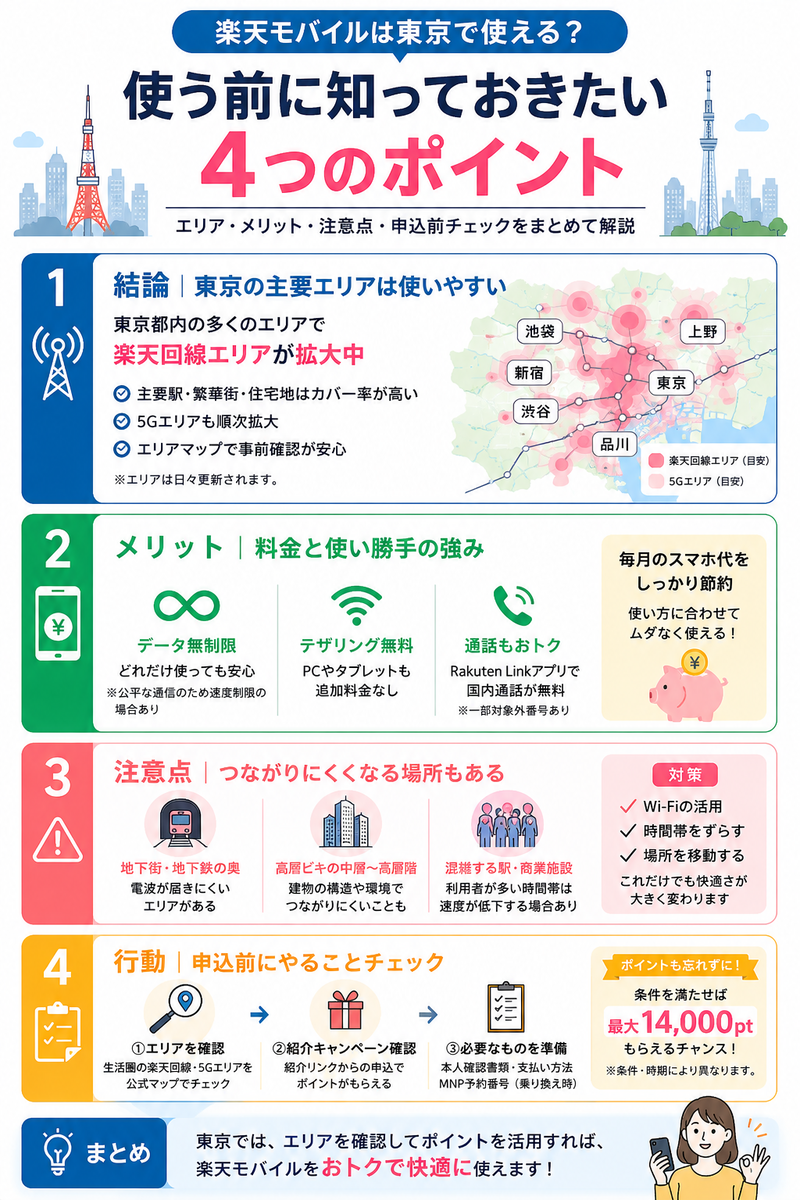 東京都内で楽天モバイルを使う前に確認したい、主要エリアの回線状況、データ無制限やテザリング無料のメリット、地下鉄・高層ビル・人混みでの注意点、申込前チェックを4パネルで整理した図解。