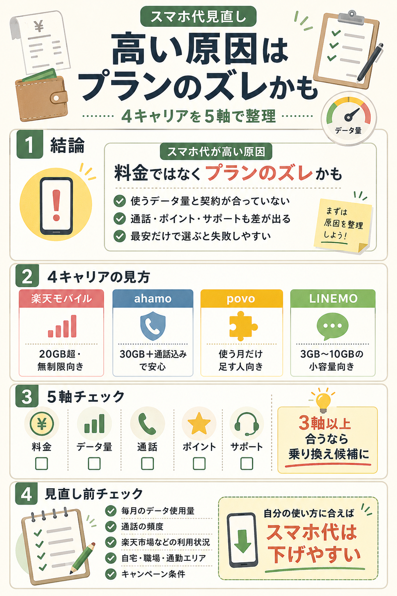 スマホ代が高い原因を「プランのズレ」として整理し、楽天モバイル・ahamo・povo・LINEMOの特徴、料金・データ量・通話・ポイント・サポートの5軸、見直し前の確認項目をまとめた縦長インフォグラフィック。