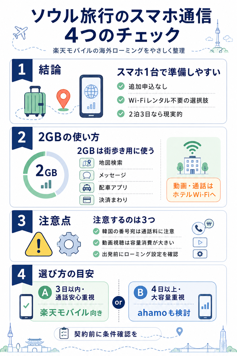 ソウル旅行で楽天モバイルの海外ローミングを使う際の要点を整理したインフォグラフィック。2GBの使い方、Wi-Fi併用、通話料の注意点、ahamoとの選び方を4パネルで解説している。