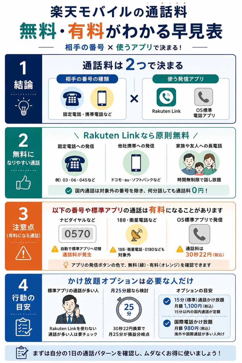 楽天モバイルの通話料について、相手の番号と使うアプリで無料・有料が分かれる仕組みを整理し、Rakuten Linkで無料になりやすい通話、0570など対象外番号、15分かけ放題を検討する目安を4パネルで示したインフォグラフィック。