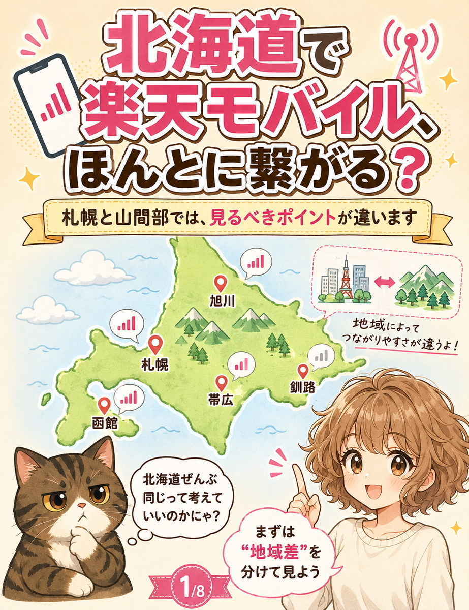 北海道で楽天モバイルを検討する際、札幌などの都市部と山間部で電波事情が異なることを猫と女の子が解説している画像