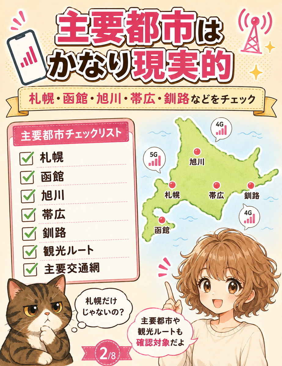 札幌・函館・旭川・帯広・釧路など北海道の主要都市や観光ルートで楽天モバイルのエリア確認が必要なことを示す解説画像