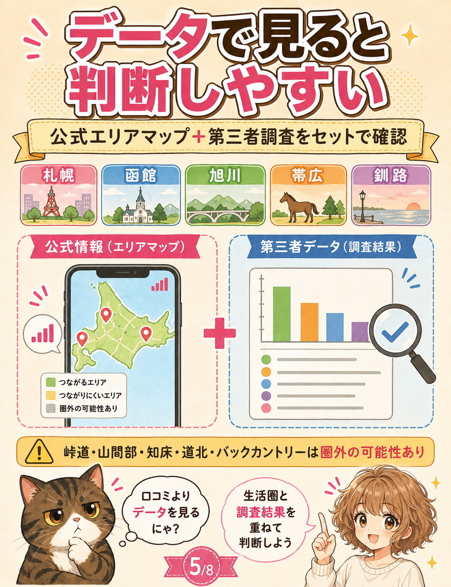 北海道の楽天モバイル電波を公式エリアマップと第三者機関データで確認し、都市部と弱点エリアを分けて説明する画像