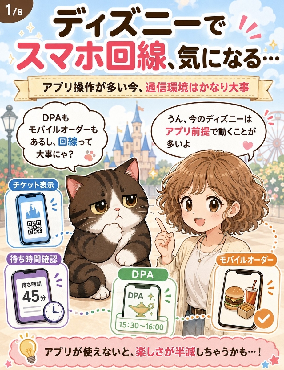 ディズニーでチケット表示やDPA、モバイルオーダーなど公式アプリ操作が増えており、楽天モバイルの通信環境が気になる理由を猫と女の子が導入として説明する漫画画像。
