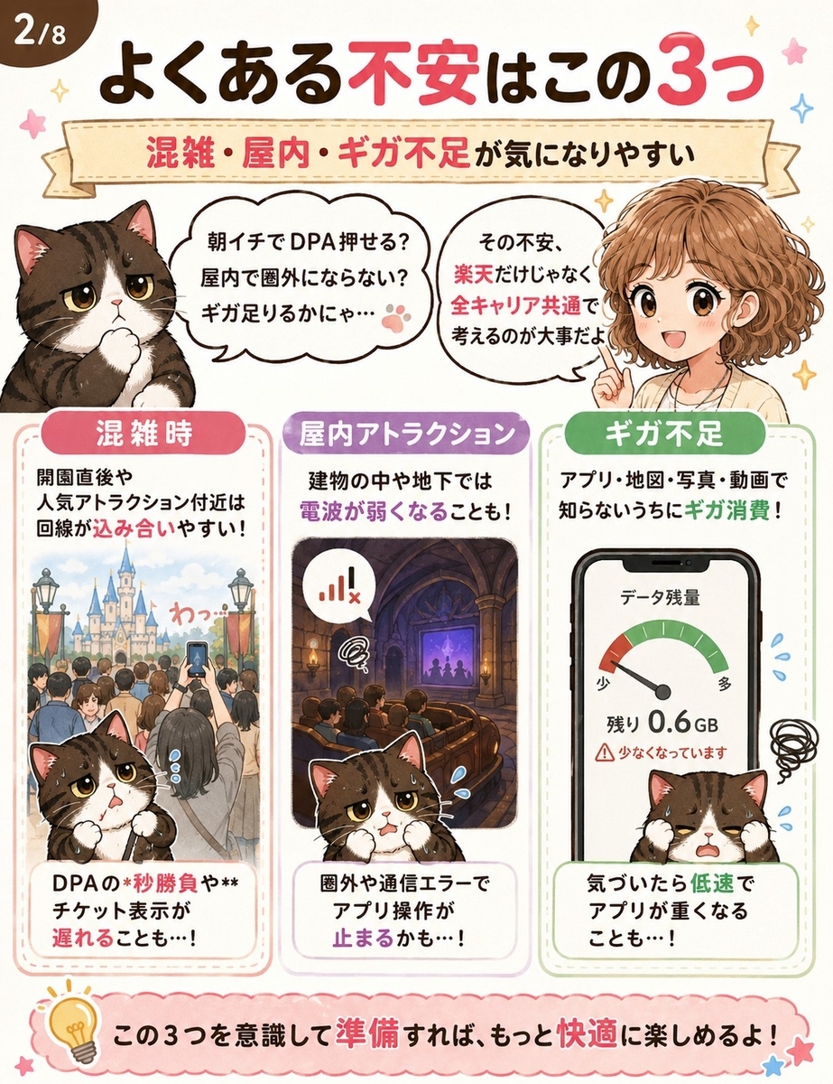 ディズニー来園時によくある不安として、開園直後の混雑、屋内アトラクションでの電波変動、待ち時間中のギガ不足を3つに分けて整理した漫画解説画像。