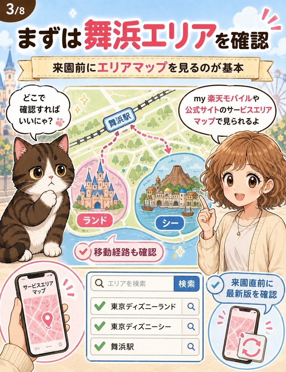 楽天モバイルのサービスエリアマップで、舞浜駅や東京ディズニーランド、東京ディズニーシー周辺を来園前に確認する方法をやさしく説明する漫画画像。 画像4 alt