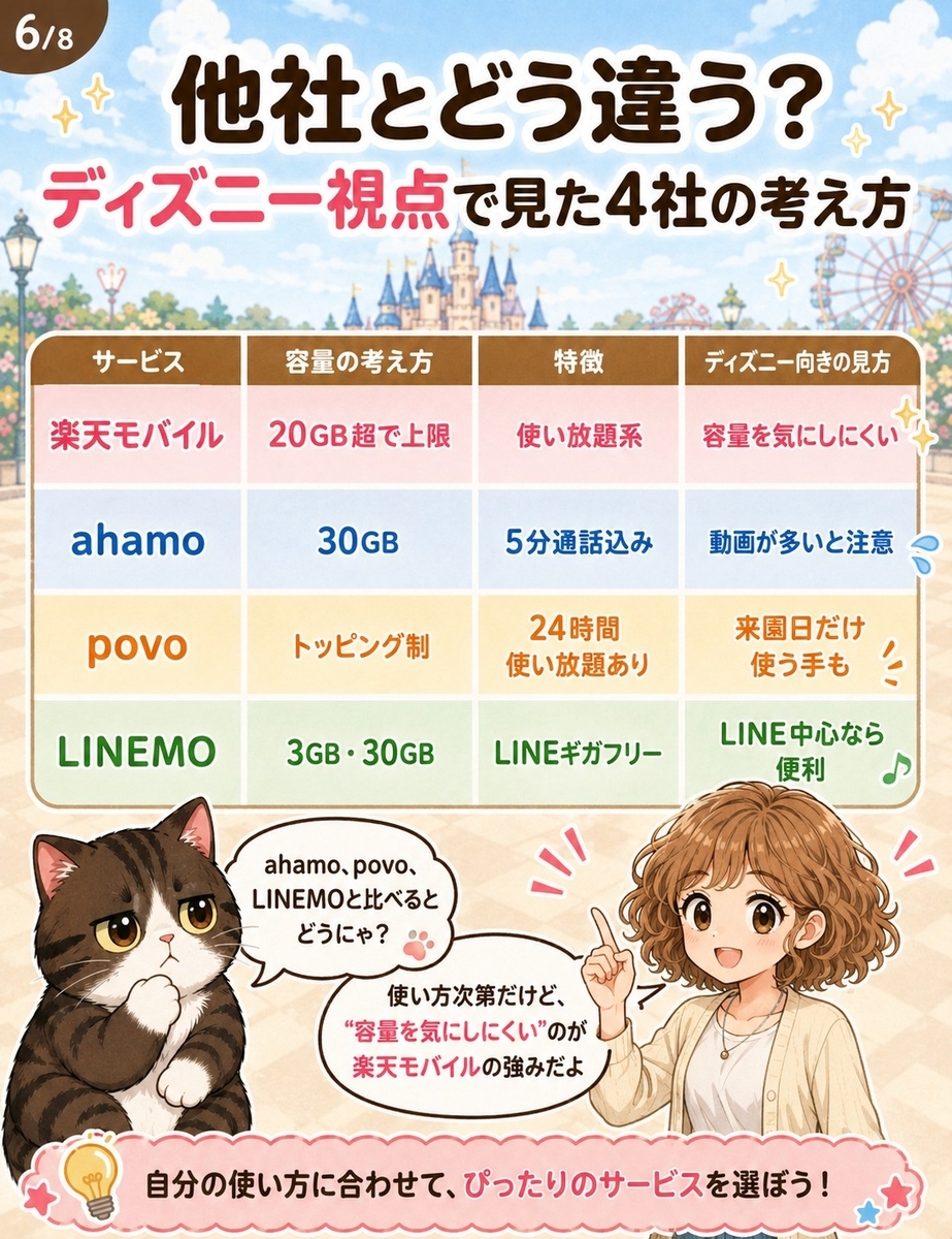 楽天モバイル、ahamo、povo、LINEMOをディズニー利用の視点で比較し、容量や使い方の違いを一覧でわかりやすくまとめた漫画画像。