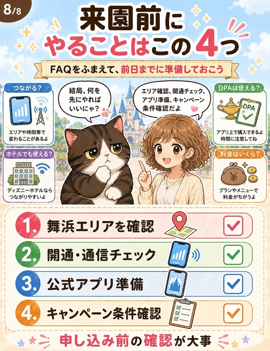 楽天モバイルとディズニーに関するよくある質問を簡潔に整理し、来園前にやるべき確認事項を4つのチェックリストでまとめた漫画画像。