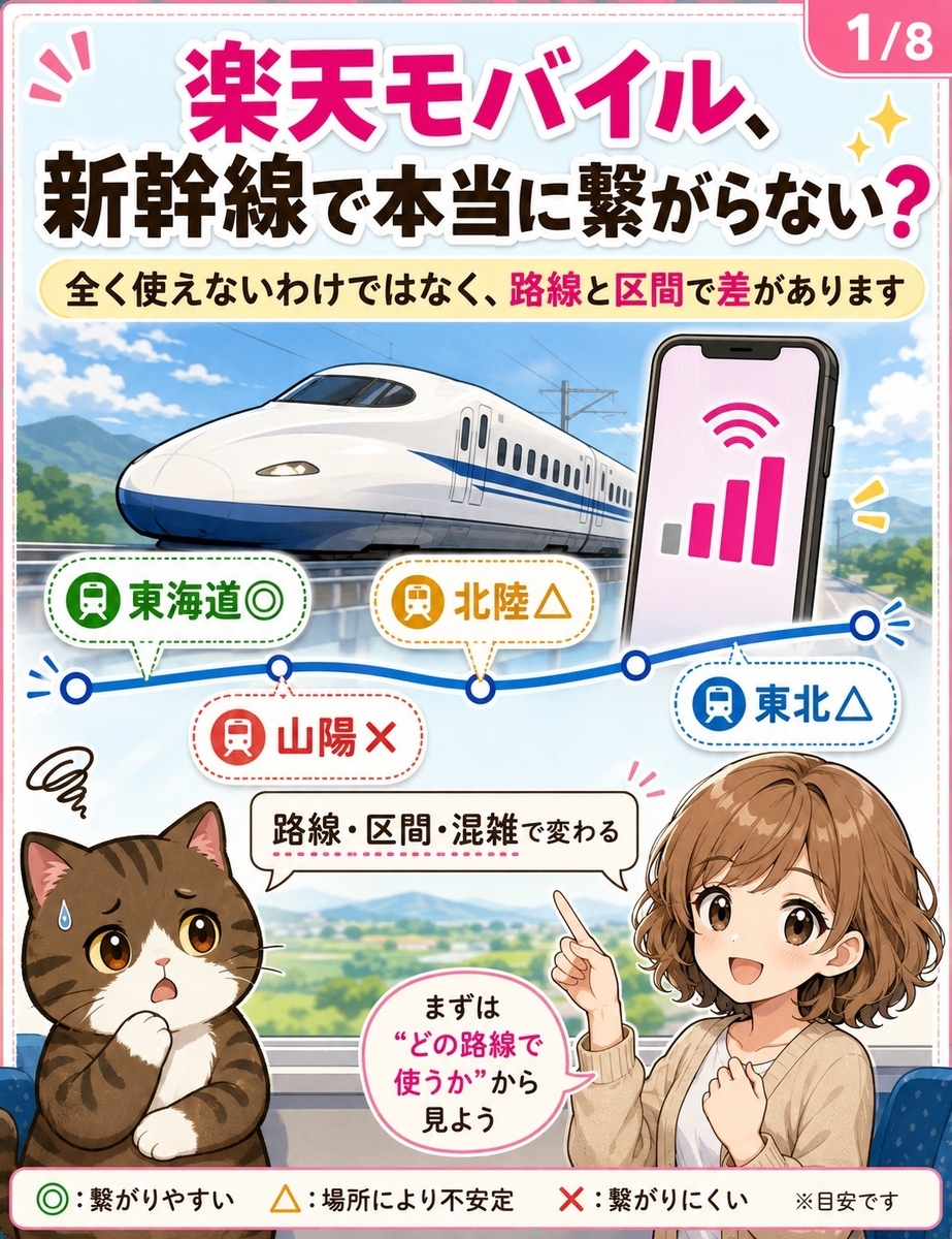 楽天モバイルが新幹線で繋がらないのかを、路線やトンネル区間によって体感が変わることを示しながら説明する漫画画像。