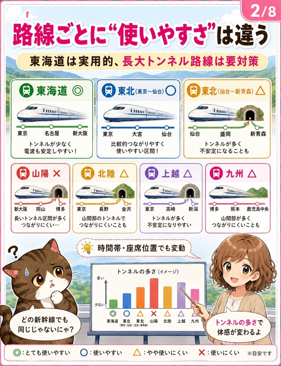 東海道、山陽、東北、北陸、上越、九州新幹線で楽天モバイルの使いやすさが異なることを路線別に整理した画像。