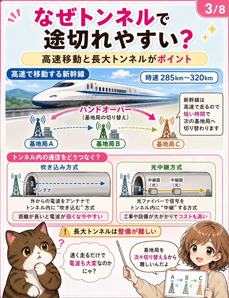 新幹線で楽天モバイルの電波が途切れる理由として、高速移動時のハンドオーバーとトンネル内通信方式を説明する画像。
