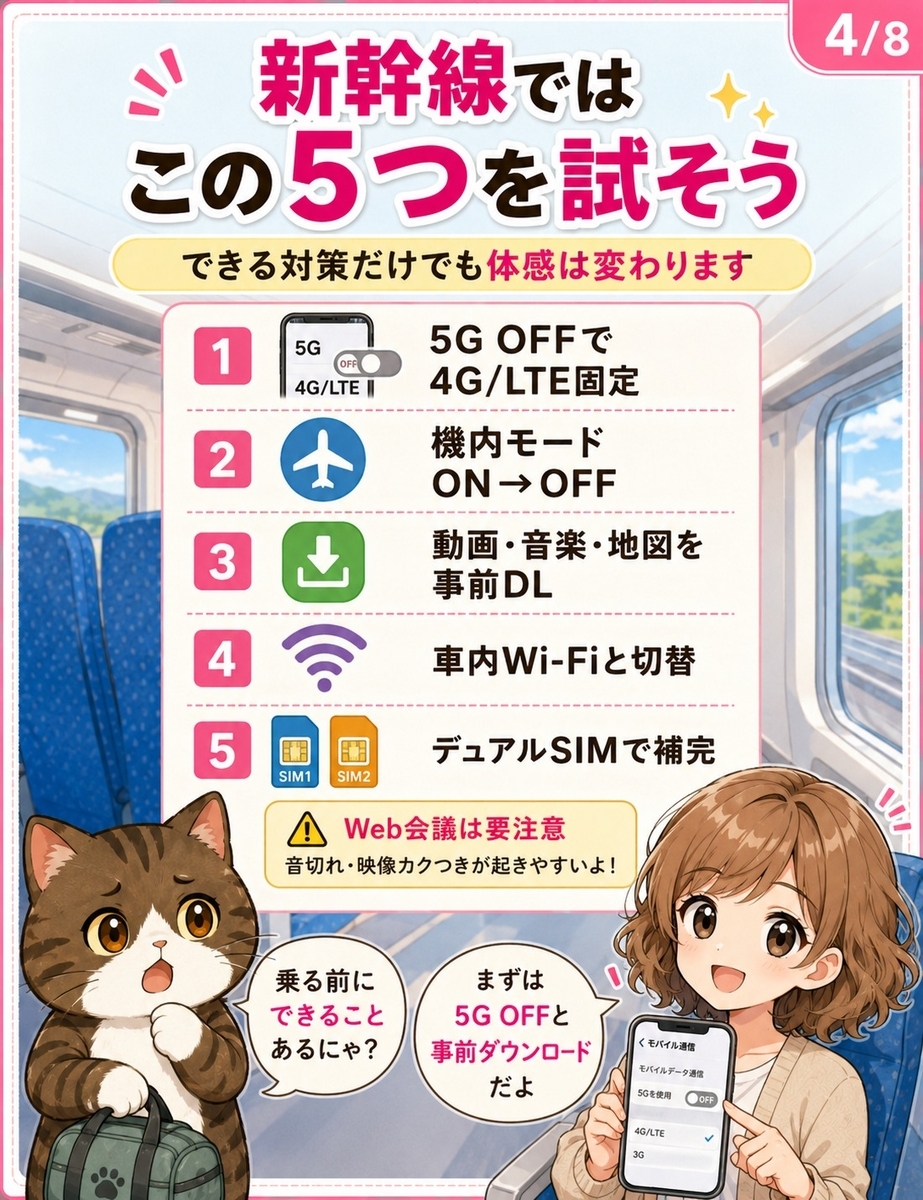 新幹線で楽天モバイルを快適に使うための5G OFF、機内モードリセット、事前ダウンロード、車内Wi-Fi、デュアルSIM対策をまとめた画像。