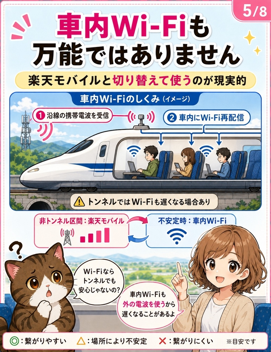 新幹線車内Wi-Fiの仕組みと制約を説明し、楽天モバイルとの切り替え運用が現実的であることを示す漫画画像。