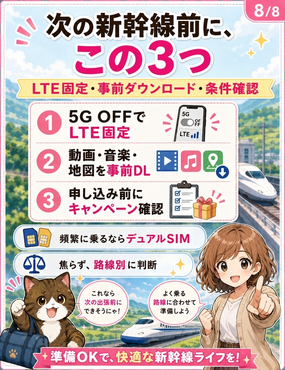 新幹線で楽天モバイルを使う前に、LTE固定、事前ダウンロード、キャンペーン条件確認を行う流れをまとめた画像。