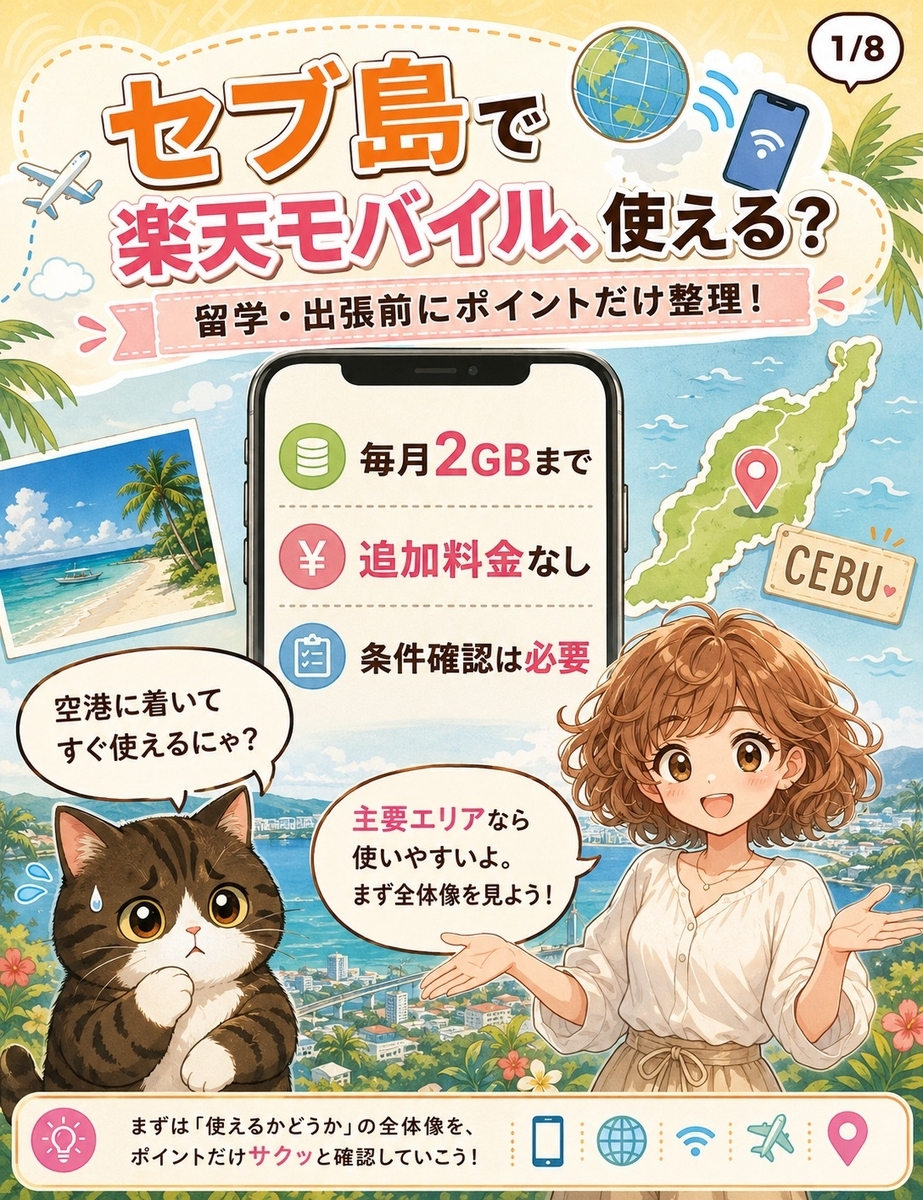 セブ島で楽天モバイルが使えるかを、海外ローミング2GB、追加料金なし、条件確認の3点で紹介するマンガ解説画像。