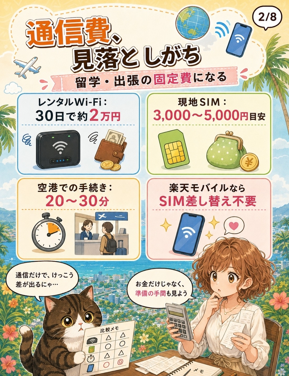 セブ島留学や出張で通信費が固定費になりやすいことを、レンタルWi-Fi、現地SIM、空港手続き時間と比較して説明する画像。