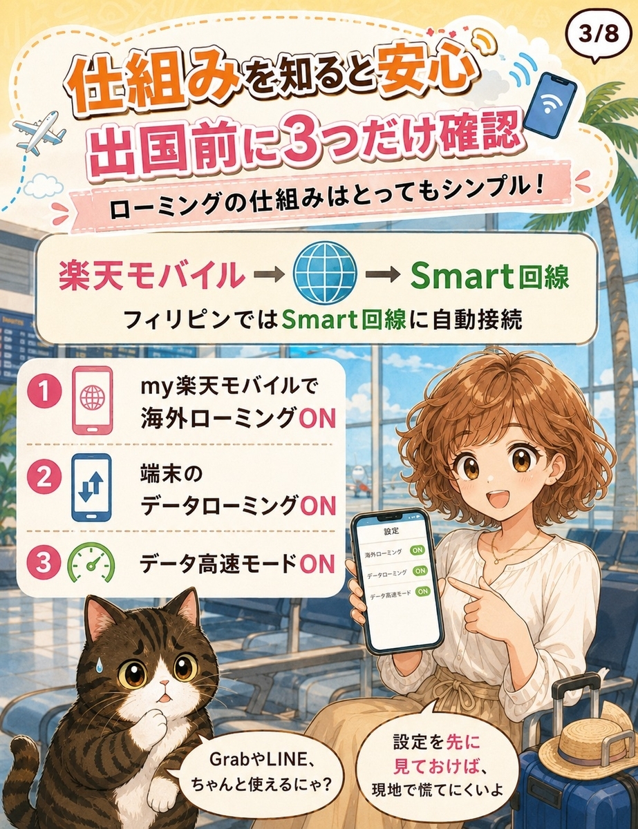 セブ島で楽天モバイルがSmart回線に自動接続される仕組みと、出国前に確認すべき3つの設定を説明する画像。