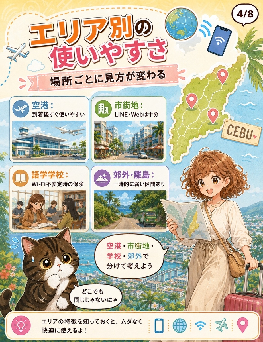 セブ島での楽天モバイル海外ローミングの使いやすさを、空港、市街地、語学学校、郊外・離島に分けて整理した画像。