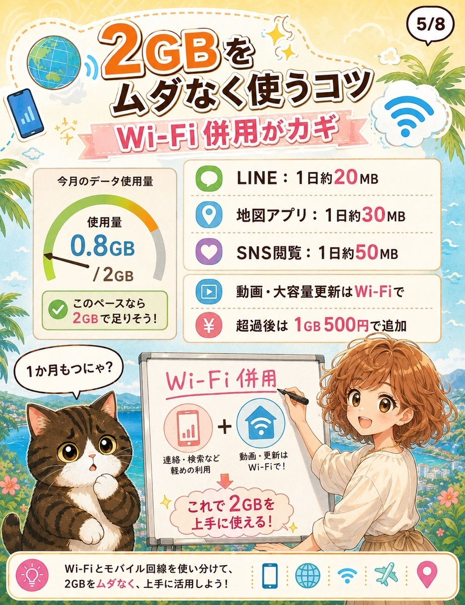 楽天モバイルの海外ローミング2GBを無駄なく使うために、LINE、地図、SNS、動画利用とWi-Fi併用のコツを説明する画像。