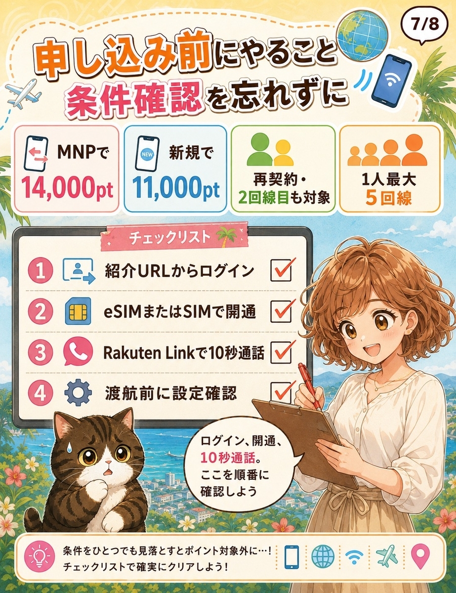 楽天モバイル従業員紹介キャンペーンのポイント数と、紹介URLログイン、開通、Rakuten Link 10秒通話などの条件を説明する画像。