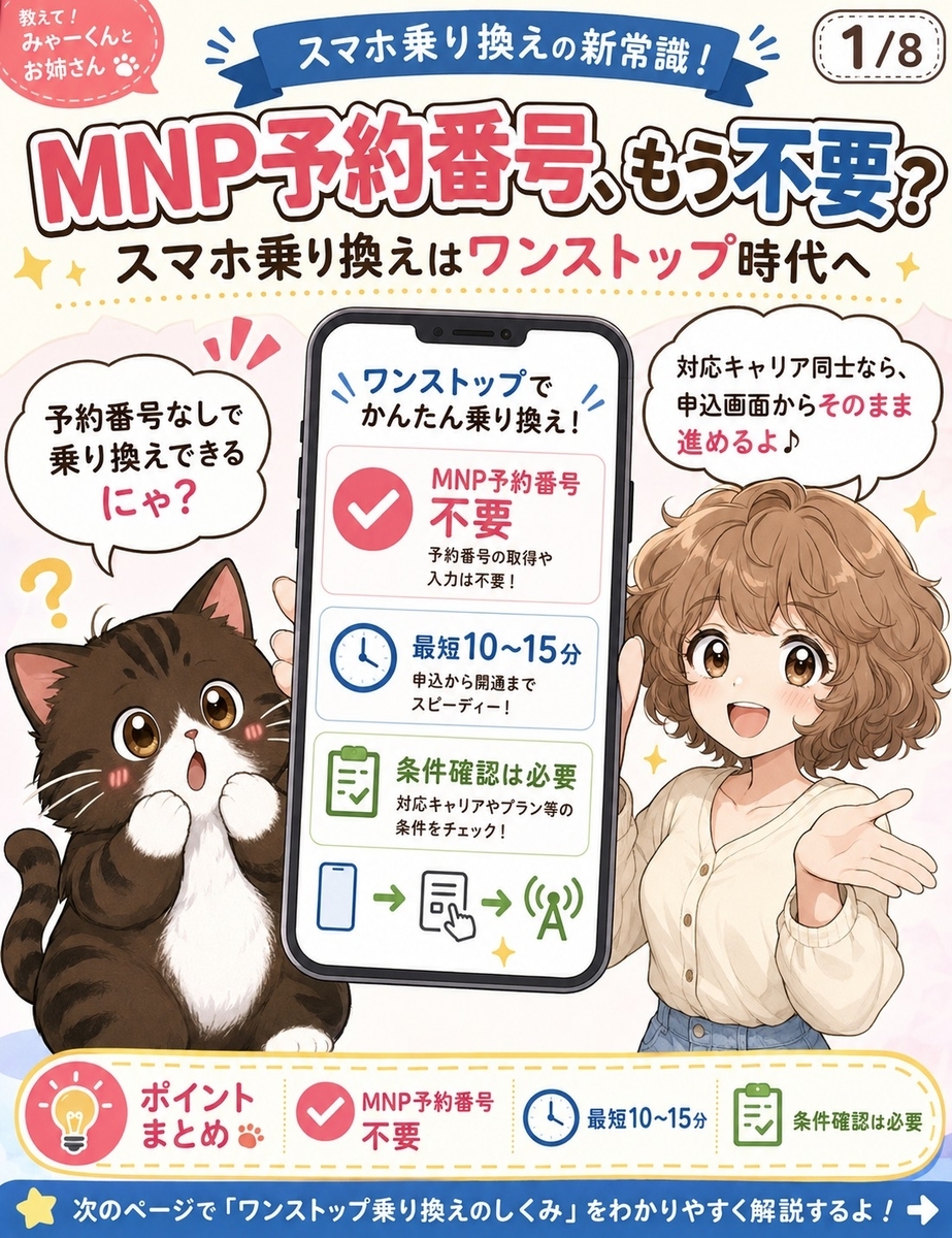 MNP予約番号なしでスマホ乗り換えできるワンストップ方式の概要を、猫と女の子が初心者向けに紹介するマンガ画像。