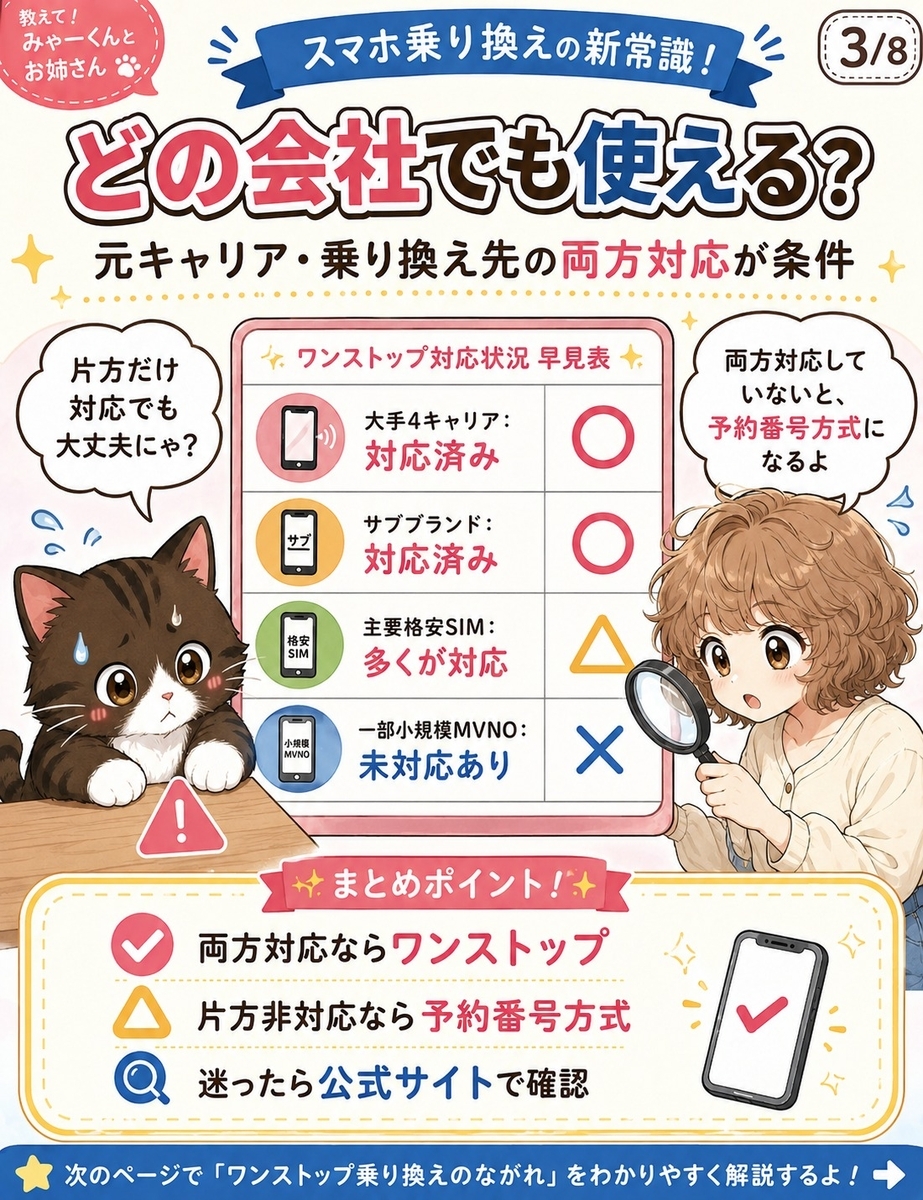 MNPワンストップが使える条件として、乗り換え元と乗り換え先の両方が対応している必要があることを説明する画像。