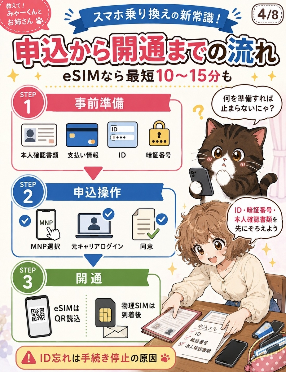 MNPワンストップの申込から開通までの流れを、事前準備、申込操作、eSIMまたは物理SIM開通に分けて説明する画像。