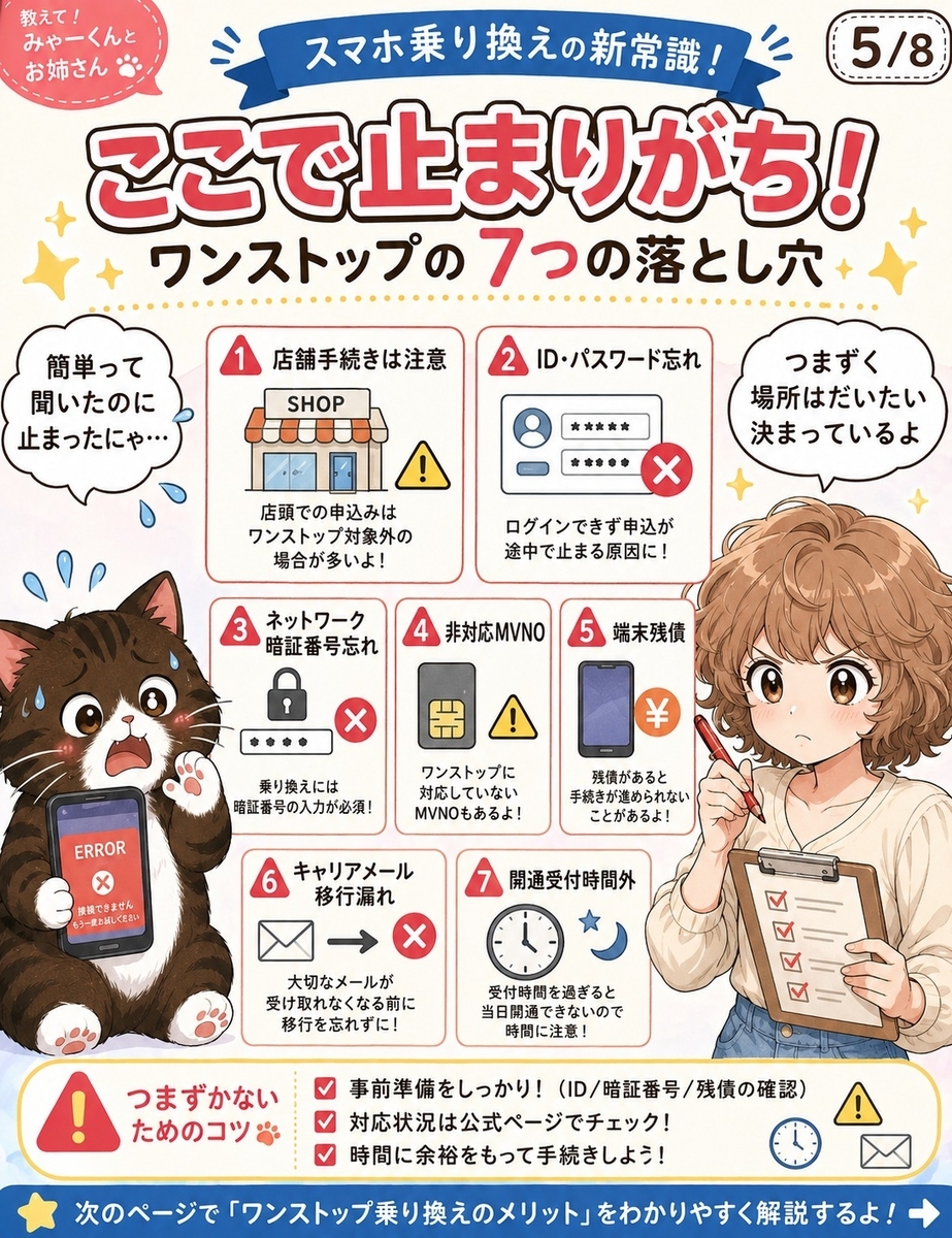 MNPワンストップで失敗しやすいID忘れ、暗証番号忘れ、非対応MVNO、端末残債、キャリアメール移行漏れなどを整理した画像。