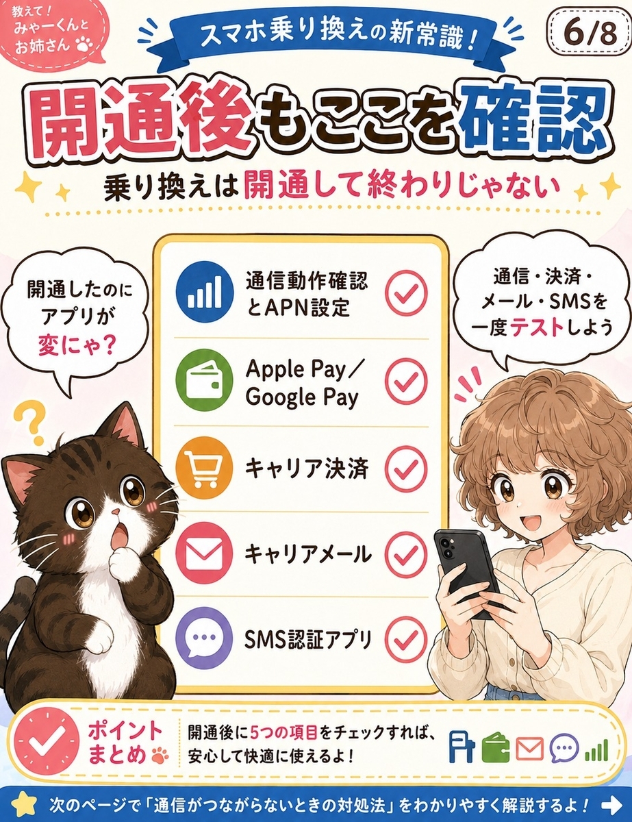 スマホ乗り換え後に確認すべき通信動作、APN設定、決済アプリ、キャリアメール、SMS認証をまとめたチェックリスト画像。