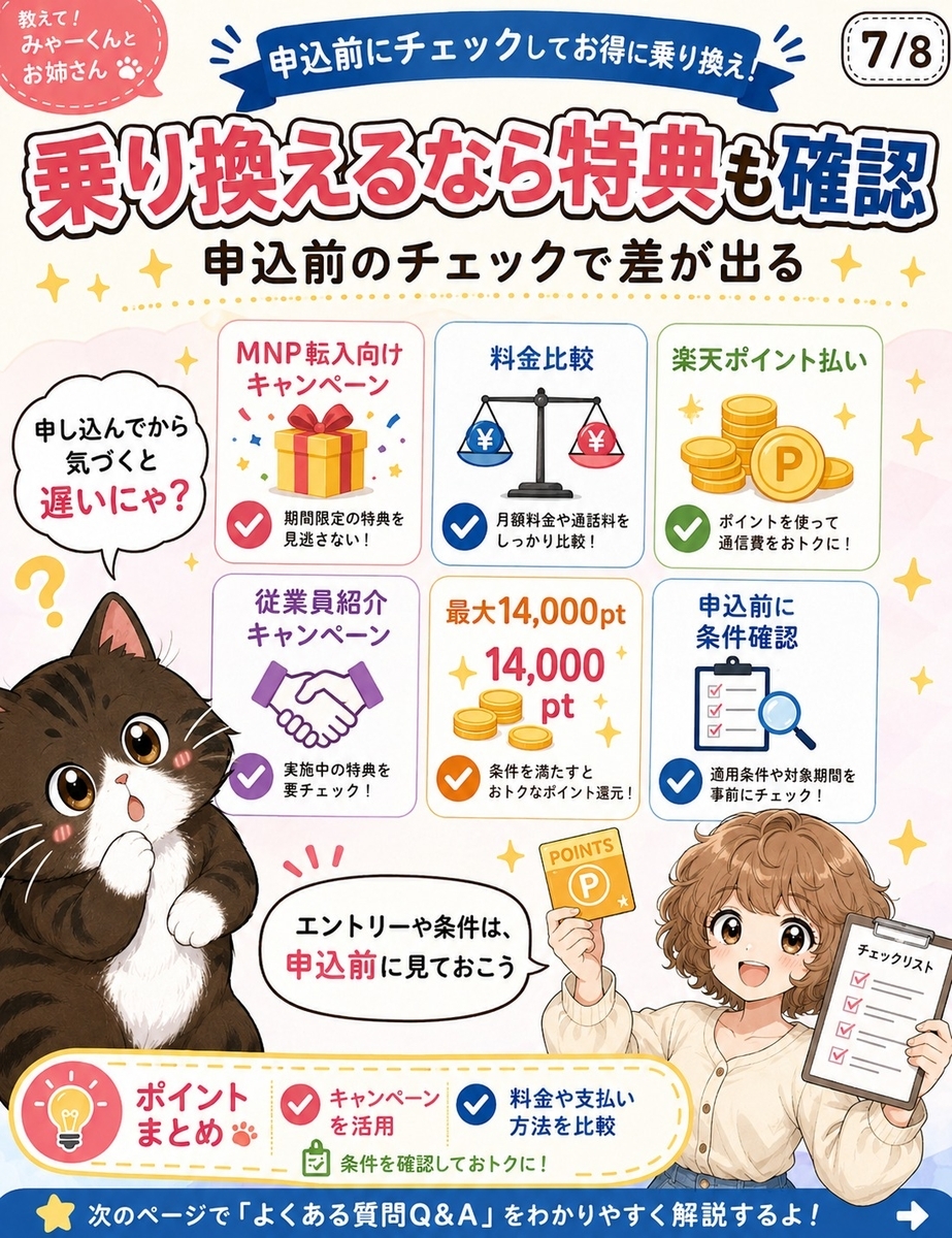 スマホ乗り換え時に確認したいキャンペーン、楽天ポイント払い、従業員紹介キャンペーンの条件を整理した画像。
